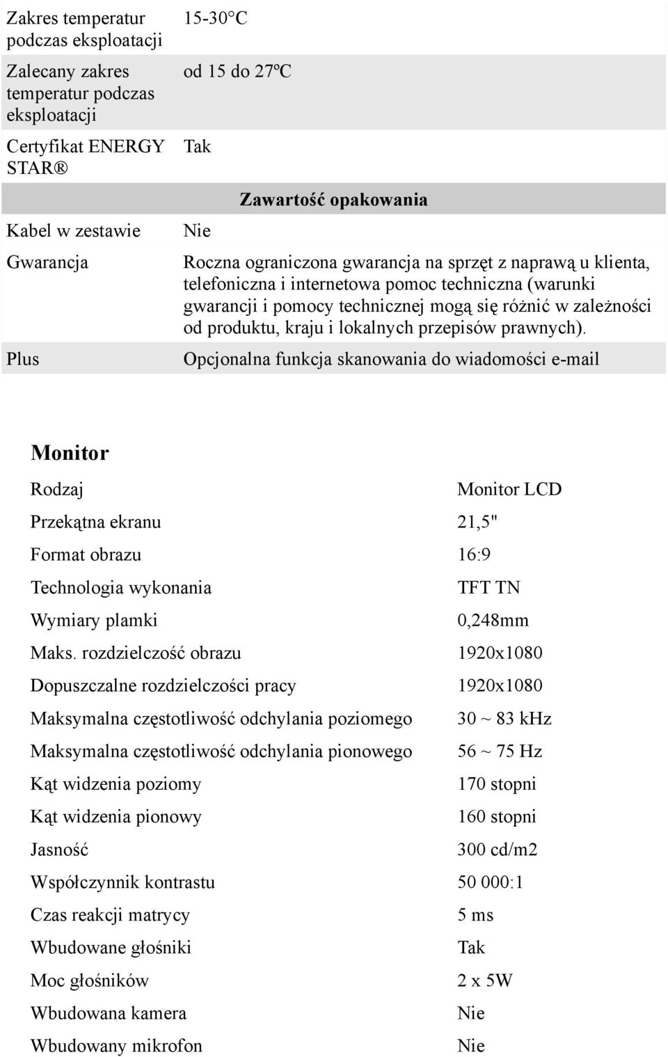 przepisów prawnych). Opcjonalna funkcja skanowania do wiadomości e-mail Monitor Rodzaj Monitor LCD Przekątna ekranu 21,5" Format obrazu 16:9 Technologia wykonania TFT TN Wymiary plamki 0,248mm Maks.