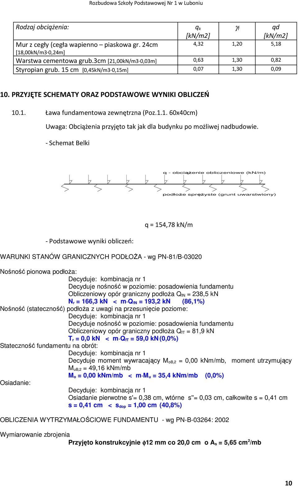 - Schemat Belki q - obciąŝenie obliczeniowe (kn/m) podłoŝe spręŝyste (grunt uwarstwiony) - Podstawowe wyniki obliczeń: q = 154,78 kn/m WARUNKI STANÓW GRANICZNYCH PODŁOśA - wg PN-81/B-03020 Nośność