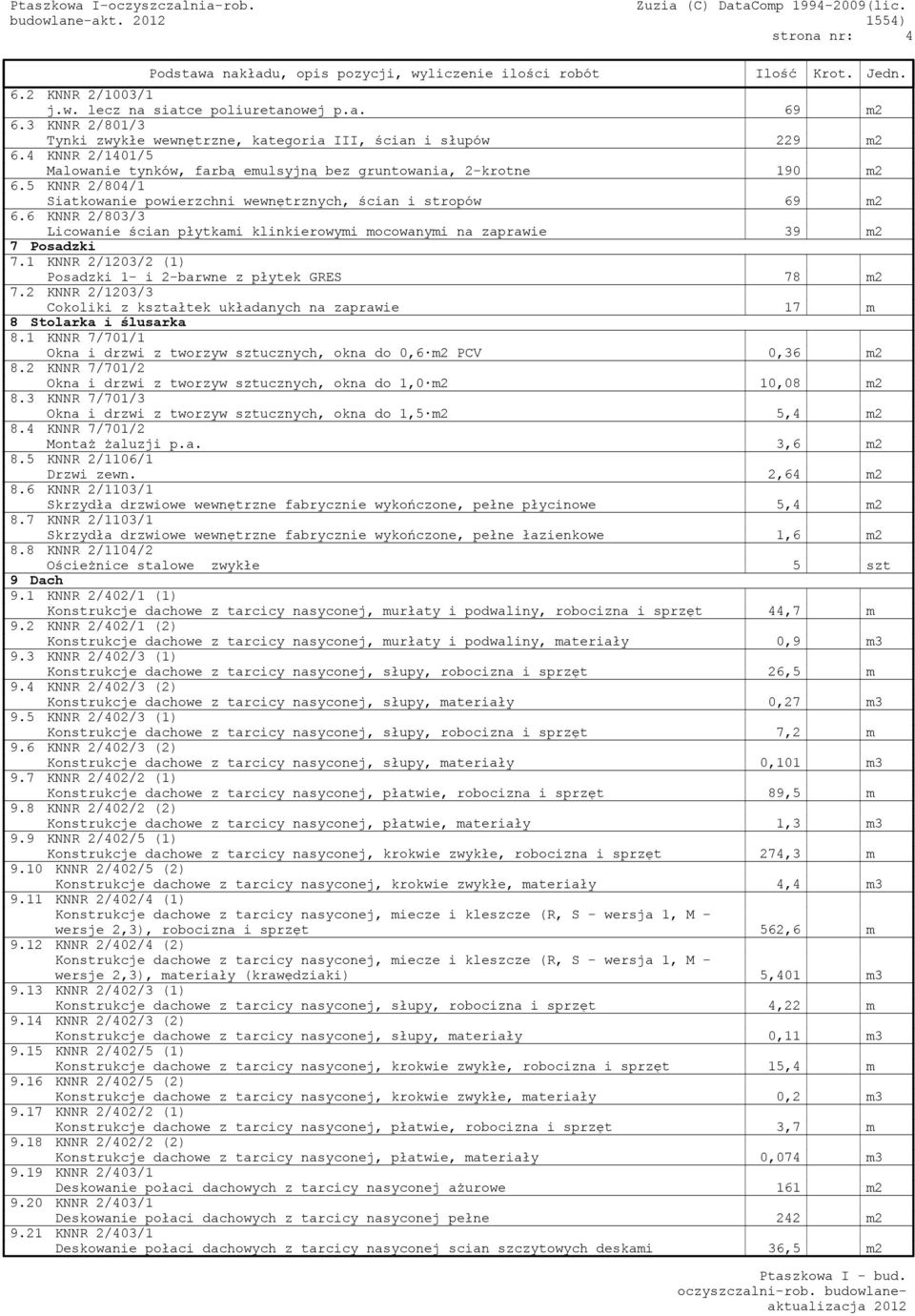 6 KNNR 2/803/3 Licowanie ścian płytkami klinkierowymi mocowanymi na zaprawie 39 m2 7 Posadzki 7.1 KNNR 2/1203/2 (1) Posadzki 1- i 2-barwne z płytek GRES 78 m2 7.