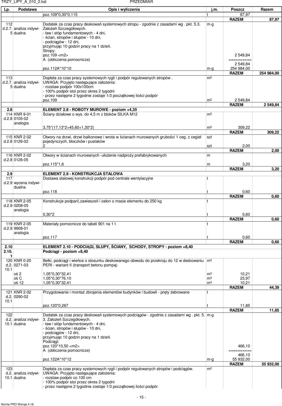 a*0*0 m-g 4 984,00 m-g RAZEM 4 984,00 Dopłaa za czas pracy sysemowych rygli i podpór regulowanych sropów.