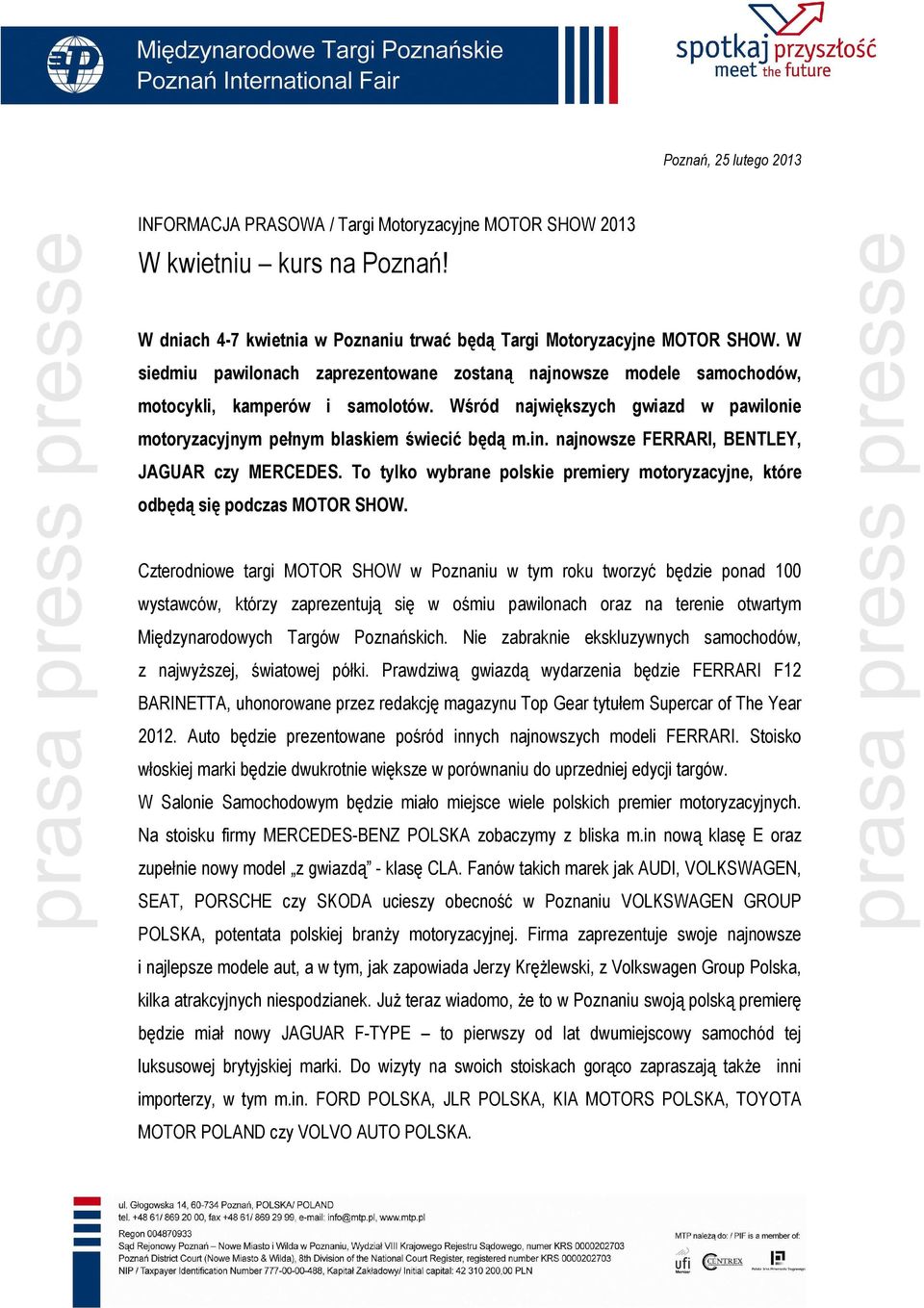 najnowsze FERRARI, BENTLEY, JAGUAR czy MERCEDES. To tylko wybrane polskie premiery motoryzacyjne, które odbędą się podczas MOTOR SHOW.