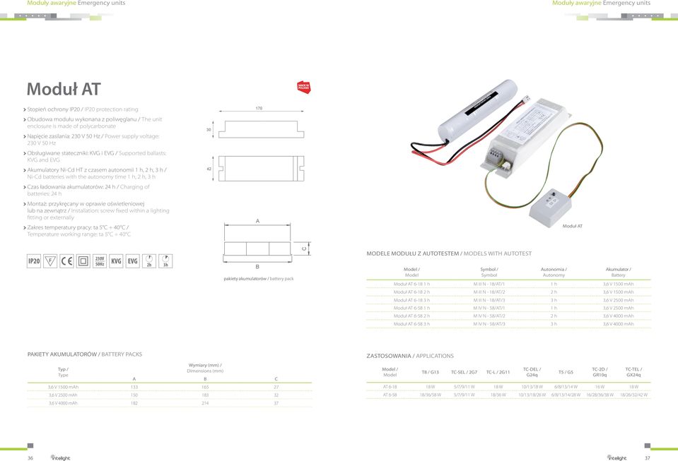 2 h, 3 h / Ni-Cd batteries with the autonomy time 1 h, 2 h, 3 h 42 Czas ładowania akumulatorów: 24 h / Charging of batteries: 24 h Montaż: przykręcany w oprawie oświetleniowej lub na zewnątrz /