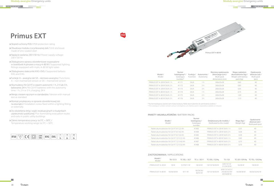 4-pin, 4 80 W light tubes Obsługiwane stateczniki: KVG i EVG / Supported ballasts: KVG and EVG Funkcje: A awaryjna lub SA sieciowo-awaryjna / s: A non-maintained version or SA maintained version