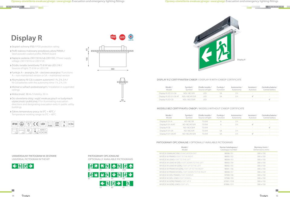 230 V 50 Hz or 220 V DC 190 Display R Źródło światła: świetlówka T5 8 W lub 2 W / Sources of light: T5 8 W or 2 W Funkcje: A awaryjna, SA sieciowo-awaryjna / s: A non-maintained version or SA