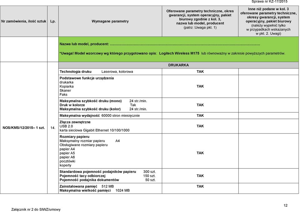 Tak 24 str./min. Maksymalna wydajność 60000 stron miesięcznie Złącza zewnętrzne USB 2.