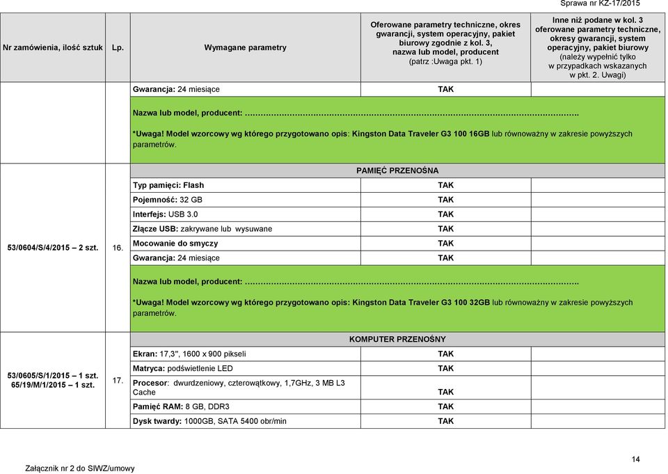 Model wzorcowy wg którego przygotowano opis: Kingston Data Traveler G3 100 32GB lub równoważny w zakresie powyższych parametrów.