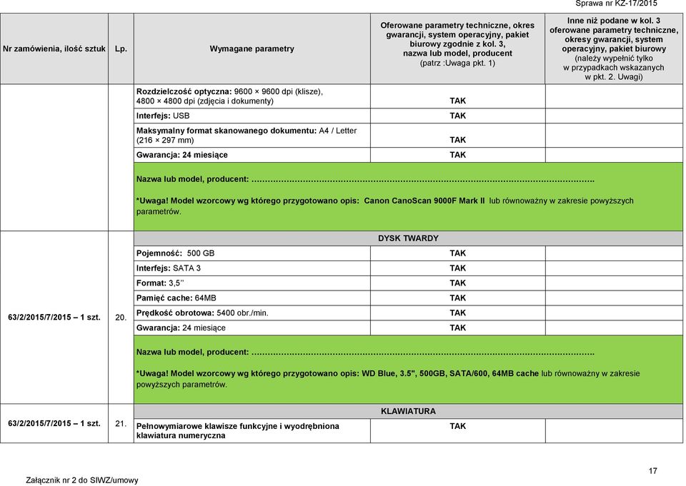 *Uwaga! Model wzorcowy wg którego przygotowano opis: Canon CanoScan 9000F Mark II lub równoważny w zakresie powyższych parametrów. 63/2/2015/7/2015 1 szt. 20.