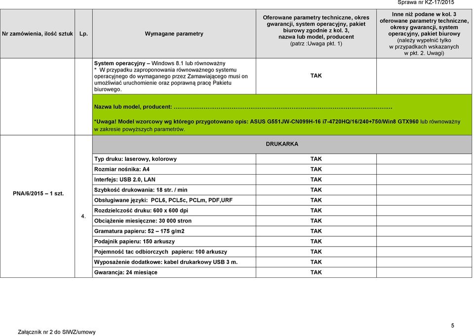 Nazwa lub model, producent: *Uwaga! Model wzorcowy wg którego przygotowano opis: ASUS G551JW-CN099H-16 i7-4720hq/16/240+750/win8 GTX960 lub równoważny w zakresie powyższych parametrów.