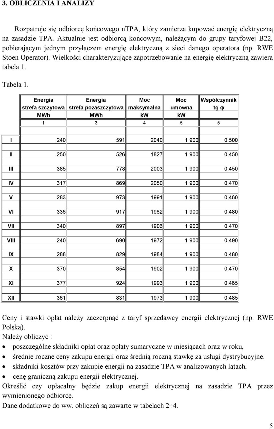 Wielkości charakteryzujące zapotrzebowanie na energię elektryczną zawiera tabela 1. Tabela 1.