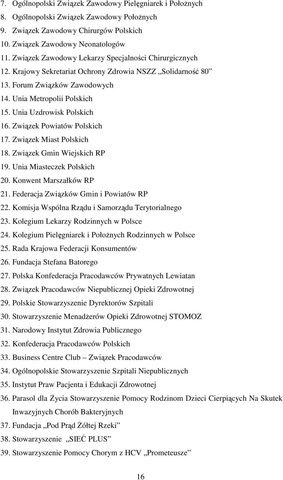 Unia Uzdrowisk Polskich 16. Związek Powiatów Polskich 17. Związek Miast Polskich 18. Związek Gmin Wiejskich RP 19. Unia Miasteczek Polskich 20. Konwent Marszałków RP 21.