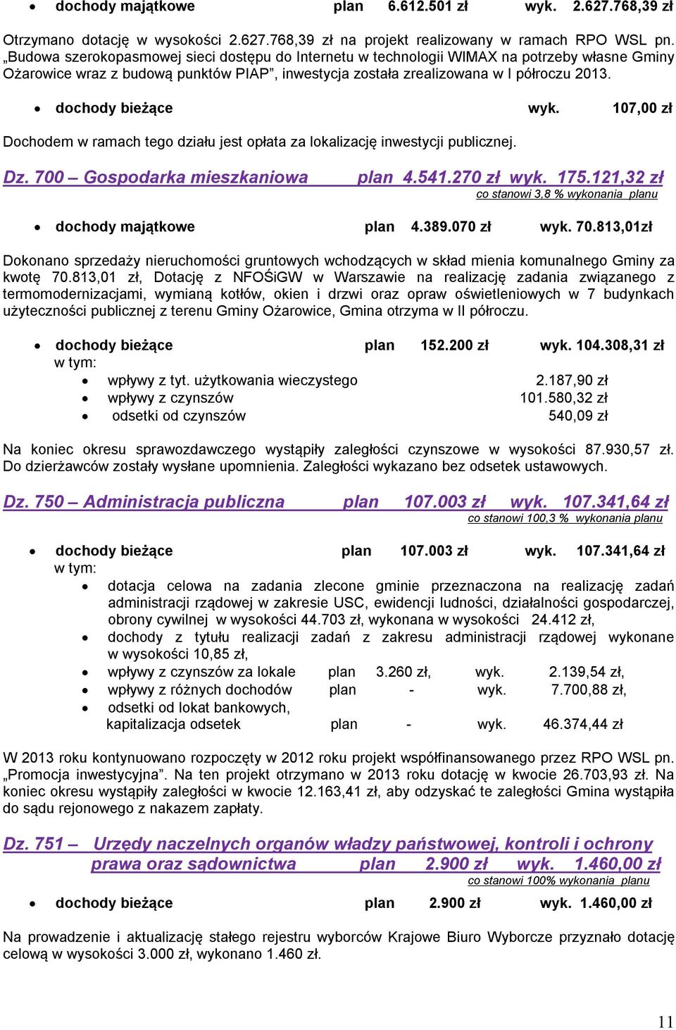 dochody bieżące wyk. 107,00 zł Dochodem w ramach tego działu jest opłata za lokalizację inwestycji publicznej. Dz. 700 Gospodarka mieszkaniowa plan 4.541.270 zł wyk. 175.