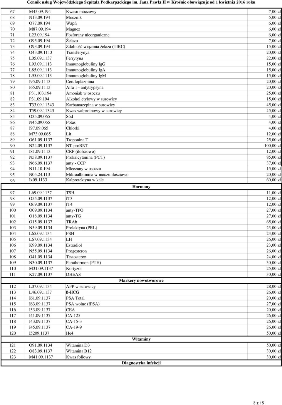 09.1113 Immunoglobuliny IgM 15,00 zł 79 I95.09.1113 Ceruloplazmina 20,00 zł 80 I65.09.1113 Alfa 1 - antytrypsyna 20,00 zł 81 P31.103.194 Amoniak w osoczu 25,00 zł 82 P31.09.194 Alkohol etylowy w surowicy 15,00 zł 83 T33.