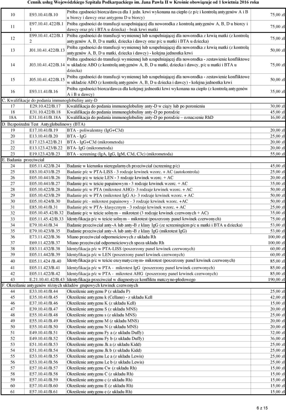 1 Próba zgodności do transfuzji wymiennej lub uzupełniającej dla noworodka z krwią matki (z kontrolą 12 75,00 zł 2 antygenów A, B, D u matki, dziecka i dawcy oraz p/c u matki i BTA u dziecka) Próba