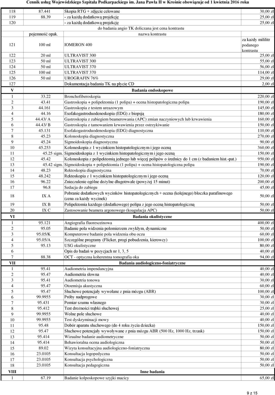 nazwa kontrastu za każdy mililitr 121 100 ml IOMERON 400 podanego kontrastu 122 20 ml ULTRAVIST 300 25,00 zł 123 50 ml ULTRAVIST 300 55,00 zł 124 50 ml ULTRAVIST 370 56,00 zł 125 100 ml ULTRAVIST 370