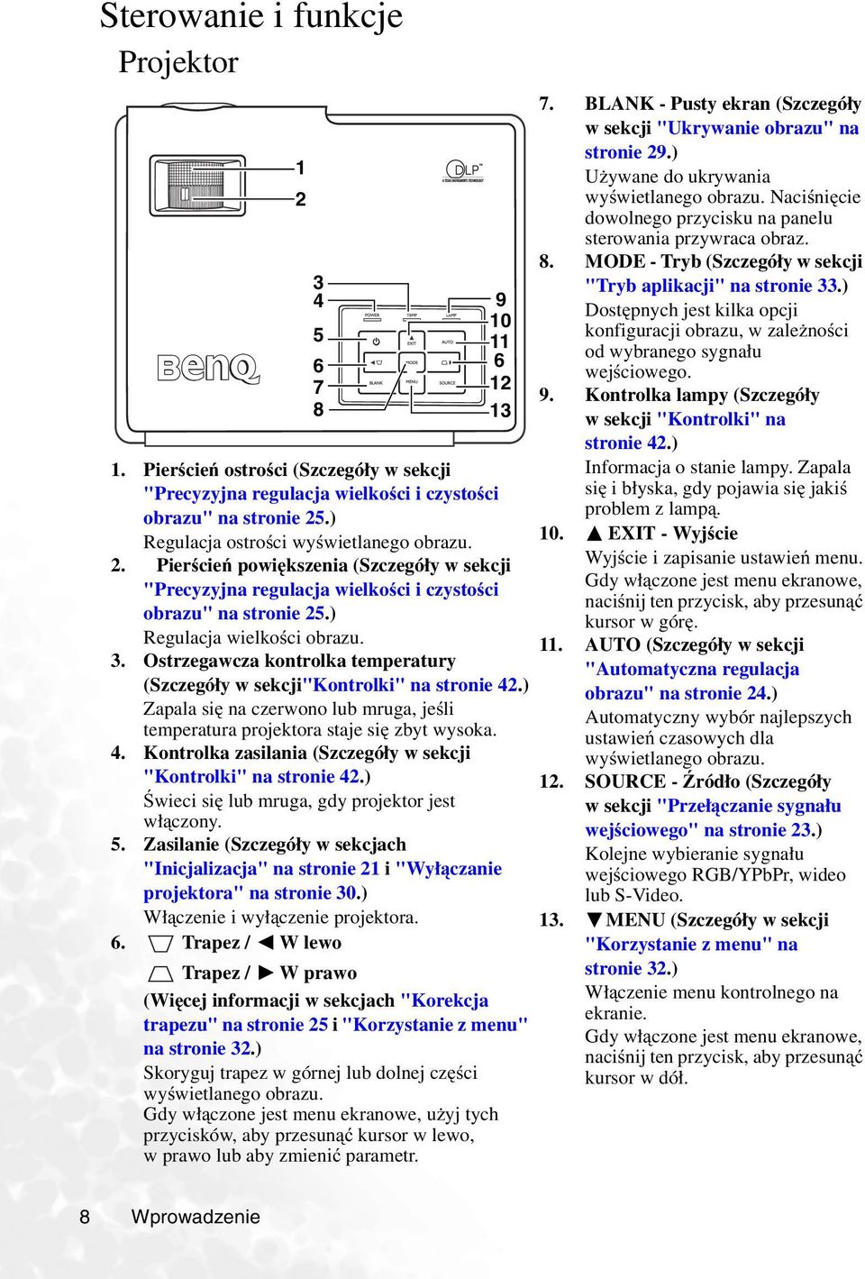 Ostrzegawcza kontrolka temperatury (Szczegóły w sekcji"kontrolki" na stronie 42.) Zapala się na czerwono lub mruga, jeśli temperatura projektora staje się zbyt wysoka. 4. Kontrolka zasilania (Szczegóły w sekcji "Kontrolki" na stronie 42.