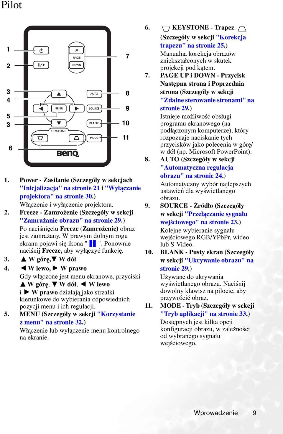 W lewo, W prawo Gdy włączone jest menu ekranowe, przyciski W górę, Wdół, Wlewo i Wprawodziałają jako strzałki kierunkowe do wybierania odpowiednich pozycji menu i ich regulacji. 5.