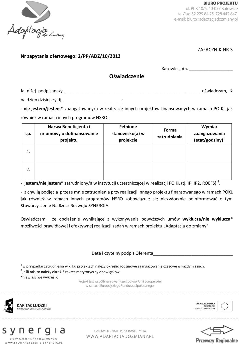 Nazwa Beneficjenta i nr umowy o dofinansowanie projektu Pełnione stanowisko(a) w projekcie Forma zatrudnienia Wymiar zaangażowania (etat/godziny) 1 1. 2.