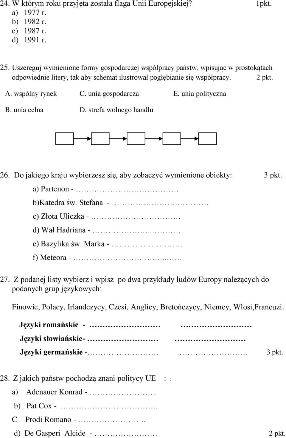 unia gospodarcza E. unia polityczna B. unia celna D. strefa wolnego handlu 26. Do jakiego kraju wybierzesz się, aby zobaczyć wymienione obiekty: 3 pkt. a) Partenon - b)katedra św. Stefana -.