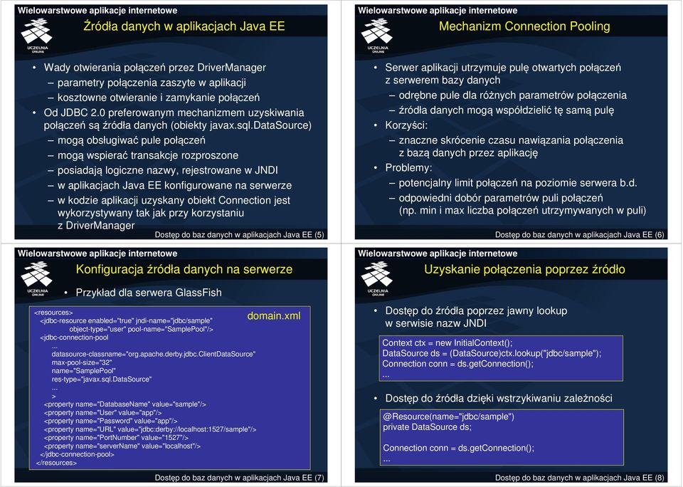 datasource) mogą obsługiwać pule połączeń mogą wspierać transakcje rozproszone posiadają logiczne nazwy, rejestrowane w JNDI w aplikacjach Java EE konfigurowane na serwerze w kodzie aplikacji