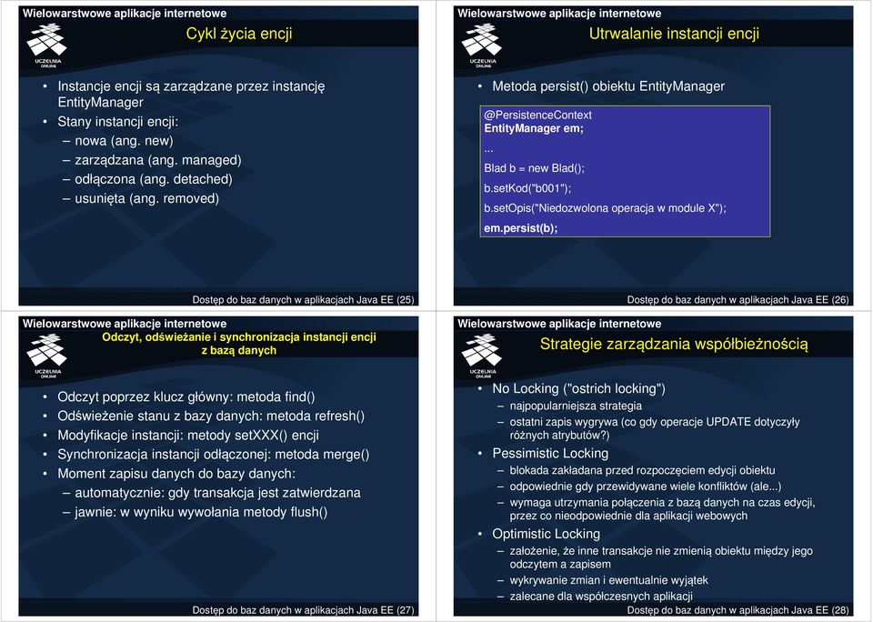 persist(b); Dostęp do baz danych w aplikacjach Java EE (25) Odczyt, odświeżanie i synchronizacja instancji encji z bazą danych Dostęp do baz danych w aplikacjach Java EE (26) Strategie zarządzania