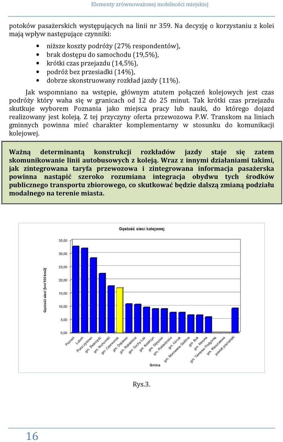 (14%), dobrze skonstruowany rozkład jazdy (11%). Jak wspomniano na wstępie, głównym atutem połączeń kolejowych jest czas podróży który waha się w granicach od 12 do 25 minut.