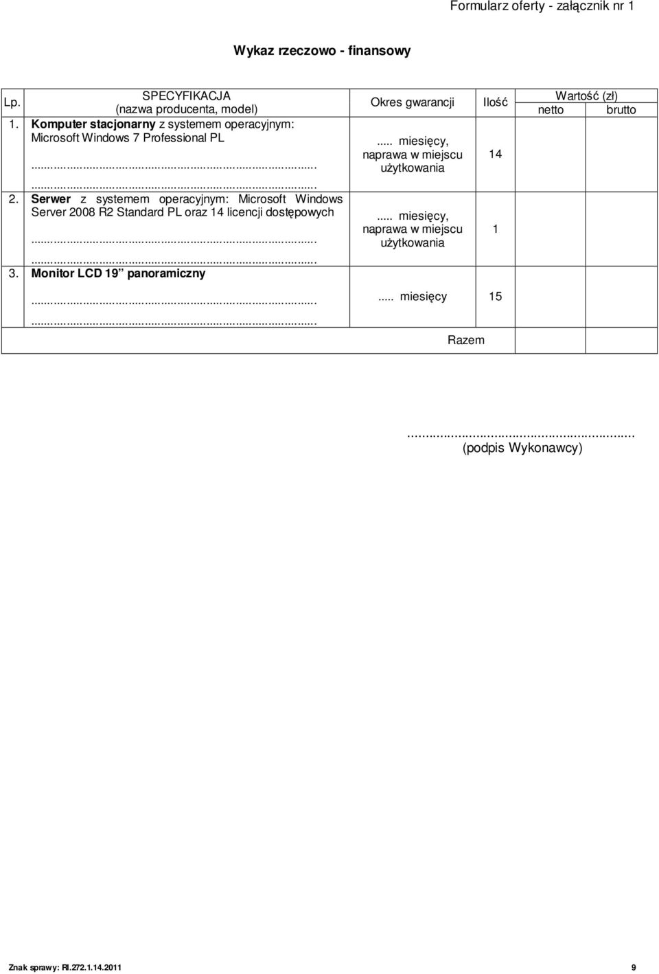 Serwer z systemem operacyjnym: Microsoft Windows Server 2008 R2 Standard PL oraz 14 licencji dostępowych...... 3.