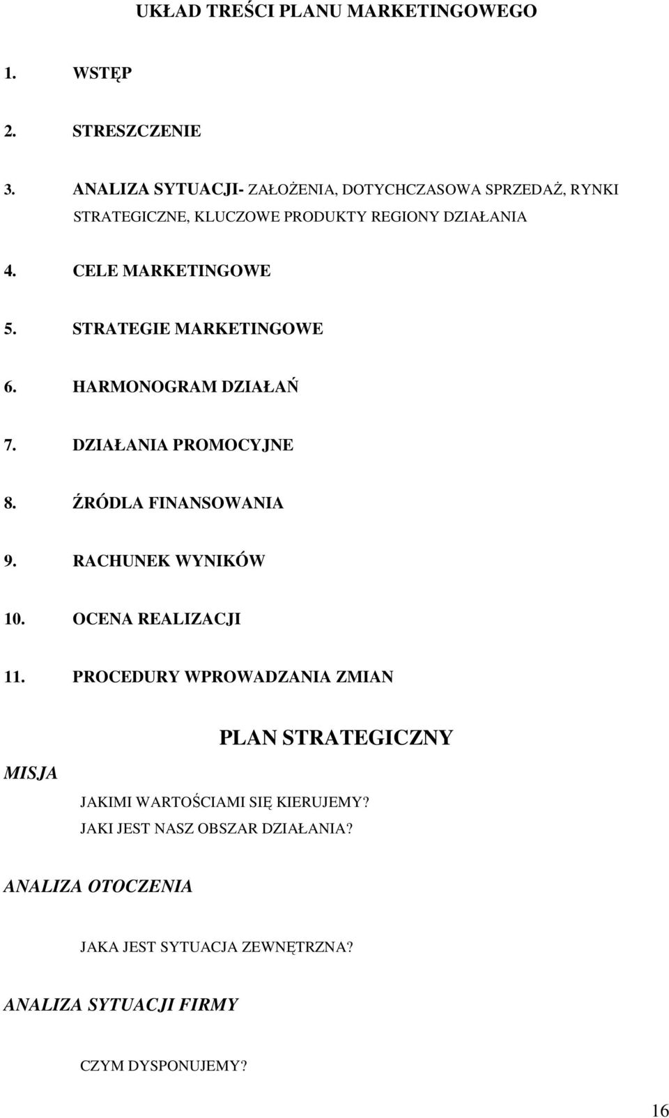 STRATEGIE MARKETINGOWE 6. HARMONOGRAM DZIAŁAŃ 7. DZIAŁANIA PROMOCYJNE 8. ŹRÓDLA FINANSOWANIA 9. RACHUNEK WYNIKÓW 10. OCENA REALIZACJI 11.