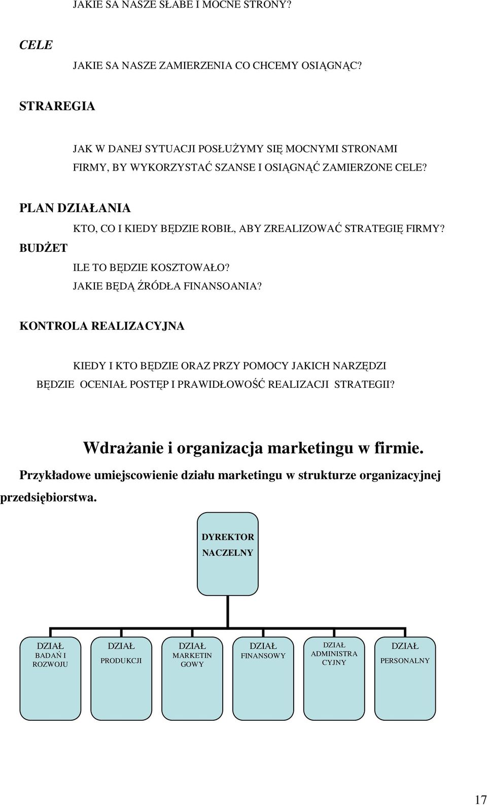 PLAN DZIAŁANIA KTO, CO I KIEDY BĘDZIE ROBIŁ, ABY ZREALIZOWAĆ STRATEGIĘ FIRMY? BUDśET ILE TO BĘDZIE KOSZTOWAŁO? JAKIE BĘDĄ ŹRÓDŁA FINANSOANIA?