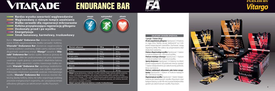 Vitarade Endurance Bar dostarcza węglowodany o różnej szybkości uwalniania, dzięki czemu stanowi źródło długotrwale uwalnianej energii.