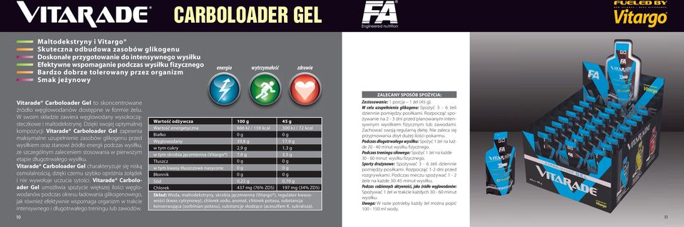 Dzięki swojej optymalnej kompozycji Vitarade Carboloader Gel zapewnia maksymalne uzupełnienie zasobów glikogenu przed wysiłkiem oraz stanowi źródło energii podczas wysiłku, ze szczególnym zaleceniem