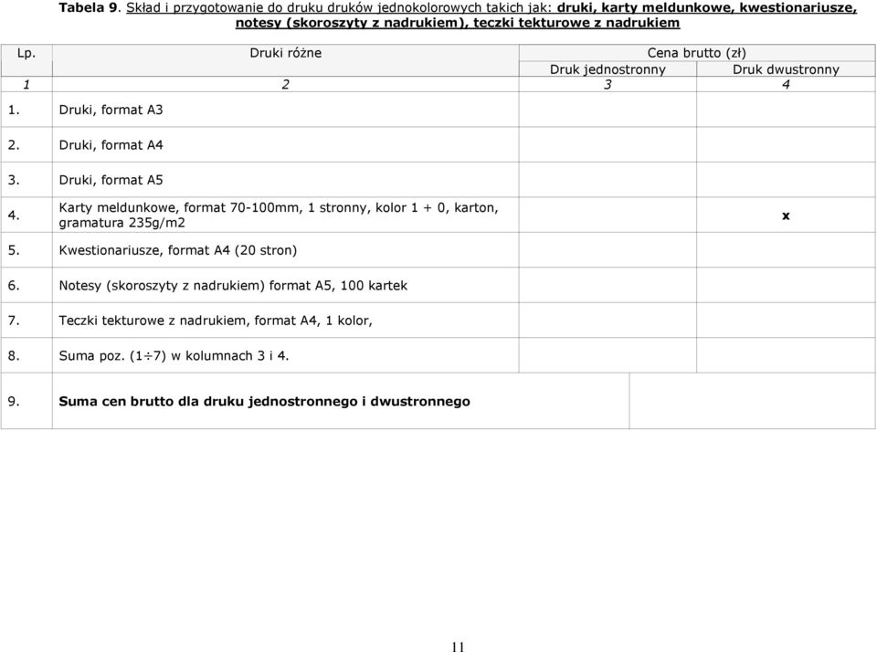 nadrukiem Druki różne Cena brutto (zł) Druk jednostronny Druk dwustronny 1 2 3 4 1. Druki, format A3 2. Druki, format A4 3. Druki, format A5 4.