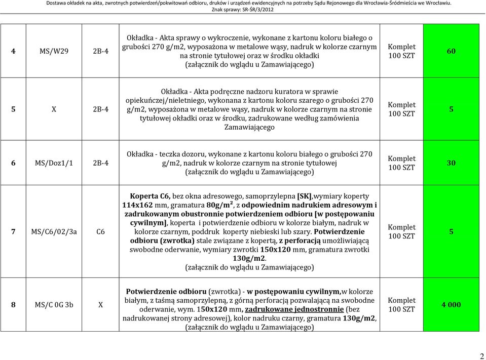 kolorze czarnym na stronie tytułowej okładki oraz w środku, zadrukowane według zamówienia Zamawiającego 6 MS/Doz/ B-4 Okładka - teczka dozoru, wykonane z kartonu koloru białego o grubości 70 g/m,