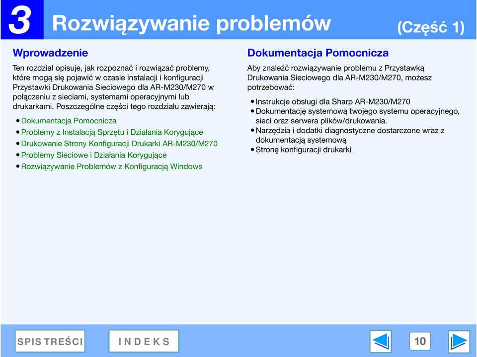 Poszczególne części tego rozdziału zawierają: Dokumentacja Pomocnicza Problemy z Instalacją Sprzętu i Działania Korygujące Drukowanie Strony Konfiguracji Drukarki AR-M230/M270 Problemy Sieciowe i