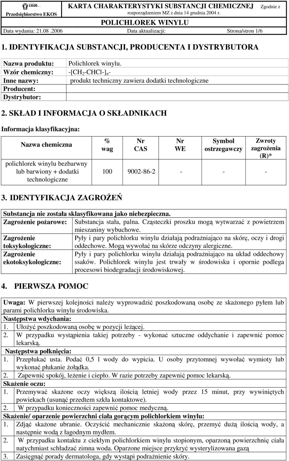 SKŁAD I INFORMACJA O SKŁADNIKACH Informacja klasyfikacyjna: Nazwa chemiczna polichlorek winylu bezbarwny lub barwiony + dodatki technologiczne % wag Nr CAS Nr WE Symbol ostrzegawczy Zwroty zagroŝenia