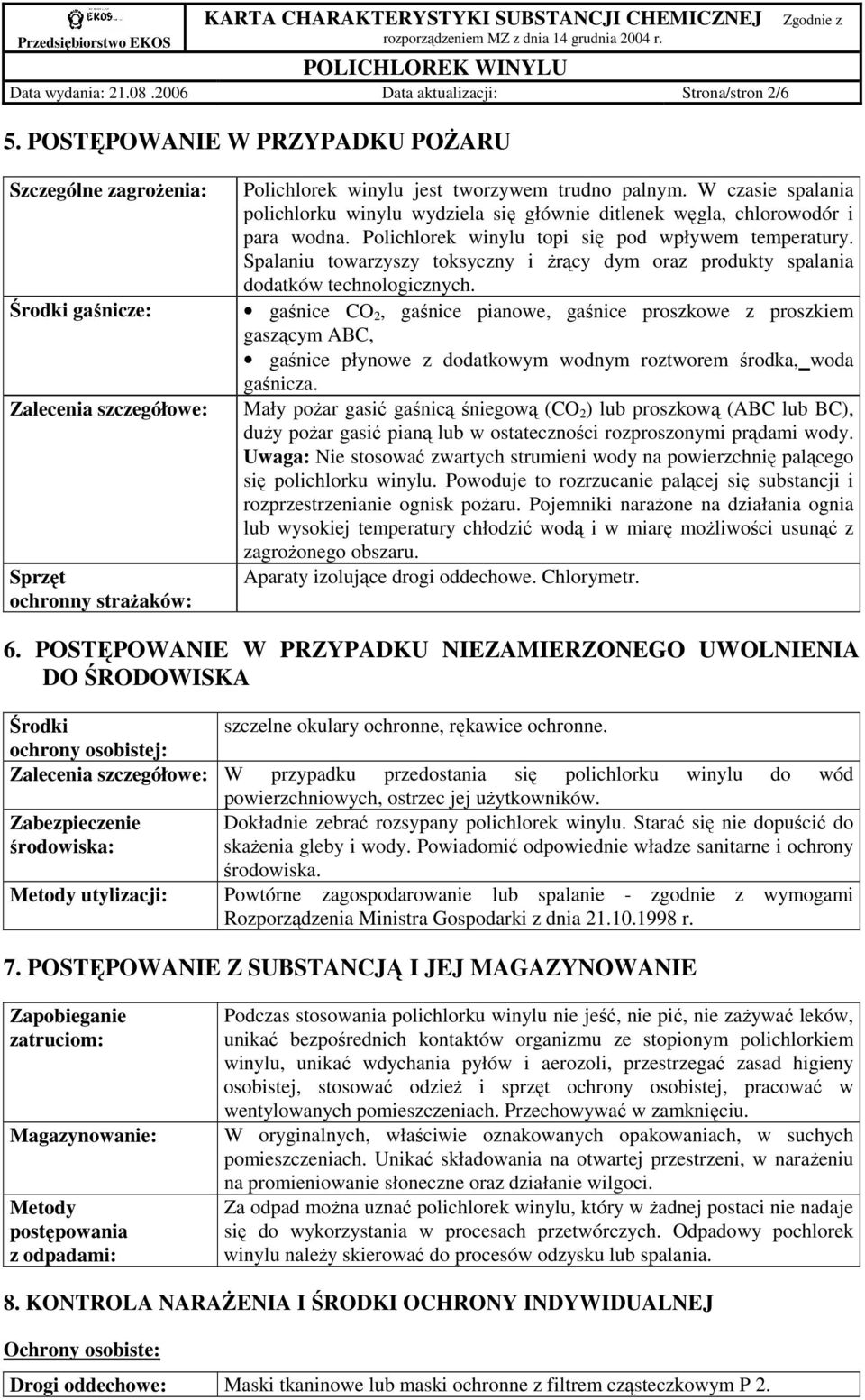 W czasie spalania polichlorku winylu wydziela się głównie ditlenek węgla, chlorowodór i para wodna. Polichlorek winylu topi się pod wpływem temperatury.