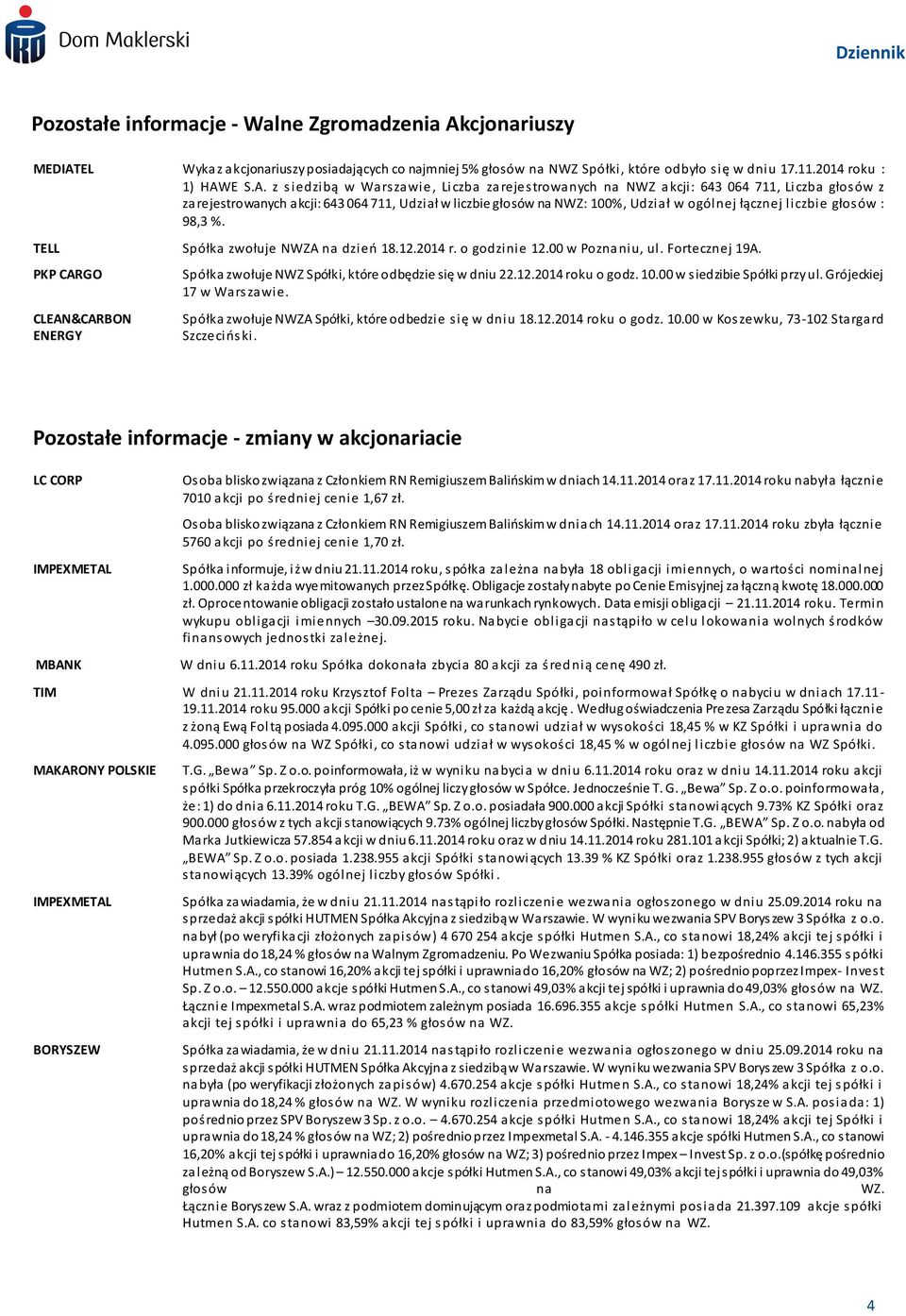 EL Wykaz akcjonariuszy posiadających co najmniej 5% głosów na NWZ Spółki, które odbyło się w dniu 17.11.214 roku : 1) HAW