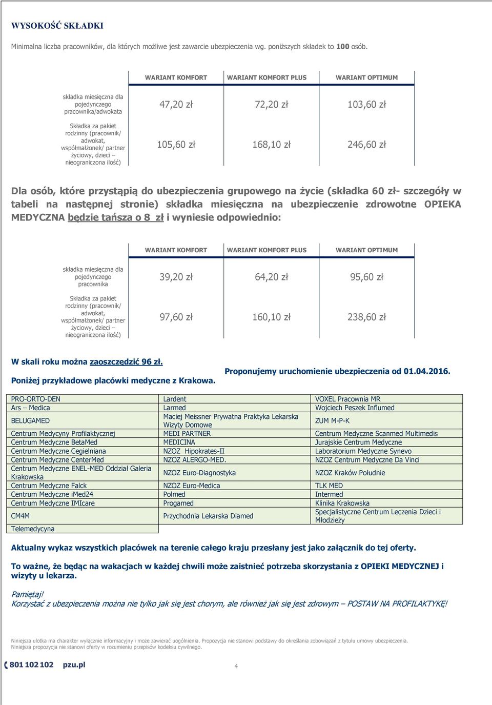 nieograniczona ilość) 47,20 zł 72,20 zł 103,60 zł 105,60 zł 168,10 zł 246,60 zł Dla osób, które przystąpią do ubezpieczenia grupowego na życie (składka 60 zł- szczegóły w tabeli na następnej stronie)