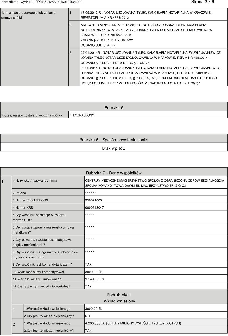 , NOTARIUSZ JOANNA TYLEK, KANCELARIA NOTARIALNA SYLWIA JANKIEWICZ, JOANNA TYLEK NOTARIUSZE SPÓŁKA CYWILNA W KRAKOWIE, REP. A NR 488/2014 - DODANE: 7 UST. 1 PKT 2 LIT. C, 7 UST. 4 20.06.2014R.