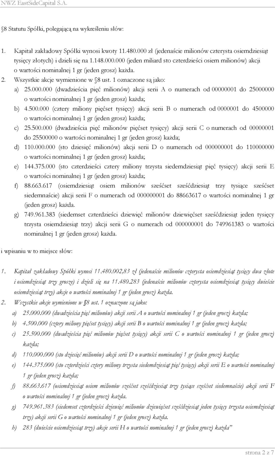 a) 25.000.000 (dwadzieścia pięć milionów) akcji serii A o numerach od 00000001 do 25000000 b) 4.500.000 (cztery miliony pięćset tysięcy) akcji serii B o numerach od 0000001 do 4500000 c) 25.500.000 (dwadzieścia pięć milionów pięćset tysięcy) akcji serii C o numerach od 00000001 do 25500000 d) 110.