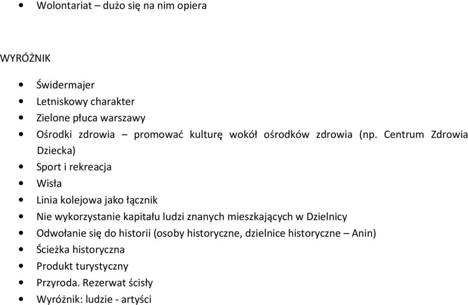 Centrum Zdrowia Dziecka) Sport i rekreacja Wisła Linia kolejowa jako łącznik Nie wykorzystanie kapitału ludzi znanych