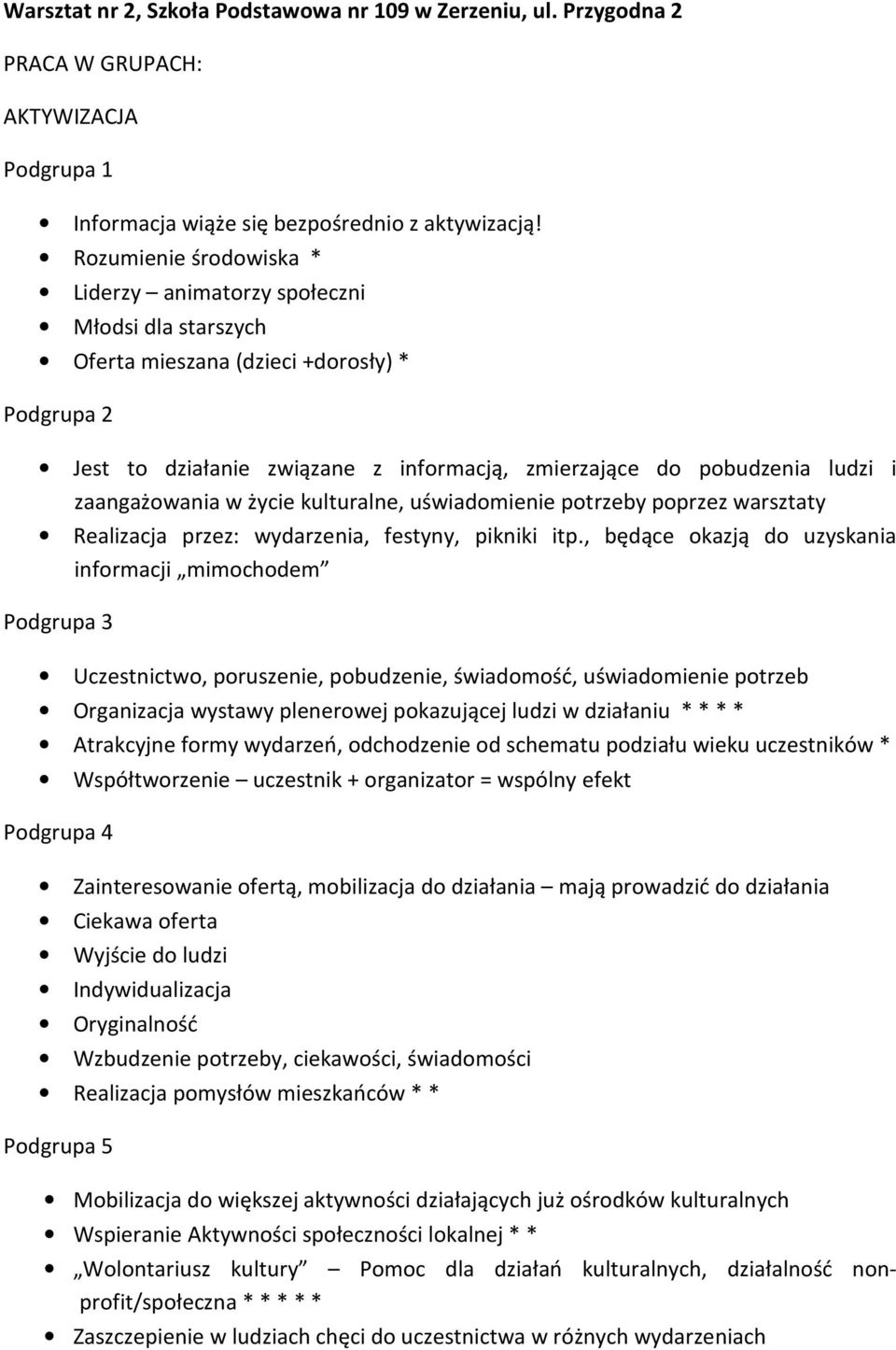 zaangażowania w życie kulturalne, uświadomienie potrzeby poprzez warsztaty Realizacja przez: wydarzenia, festyny, pikniki itp.