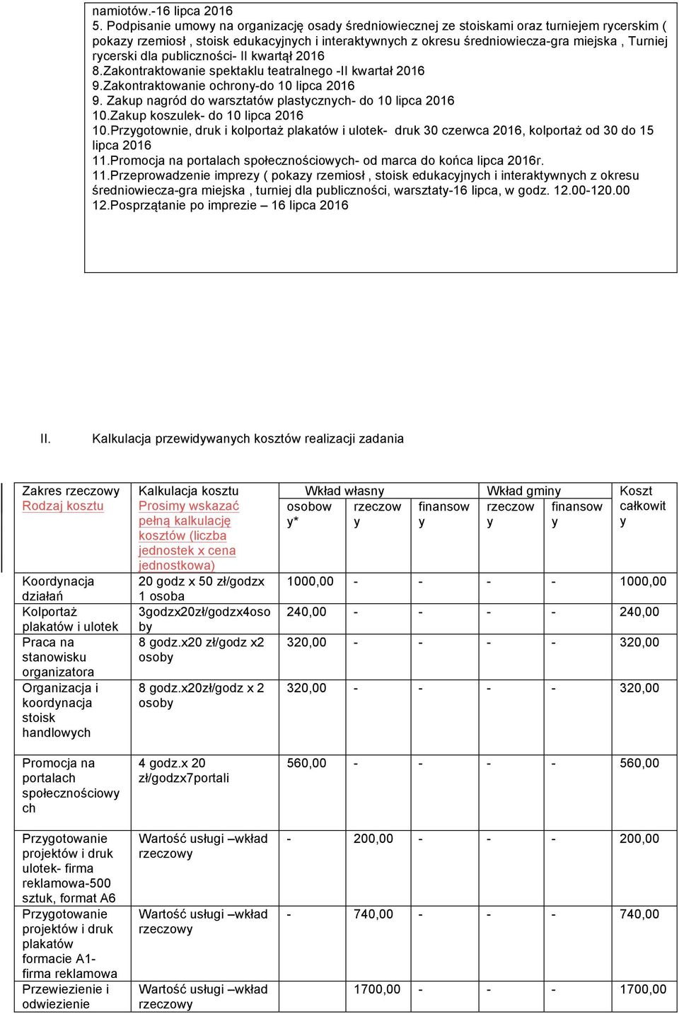 rycerski dla publiczności- II kwartął 2016 8.Zakontraktowanie spektaklu teatralnego -II kwartał 2016 9.Zakontraktowanie ochrony-do 10 lipca 2016 9.