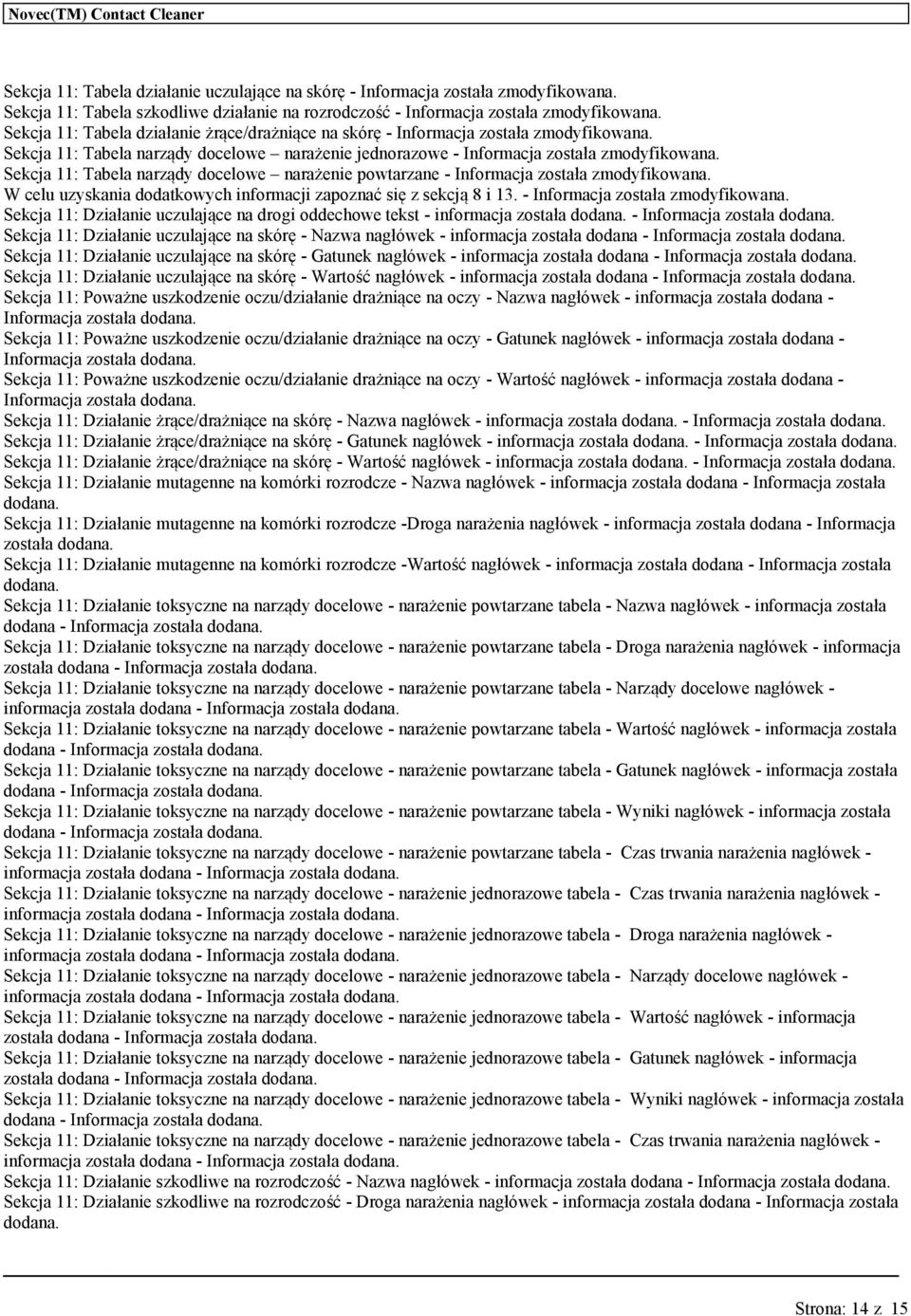 Sekcja 11: Tabela narządy docelowe narażenie powtarzane - Informacja została zmodyfikona. W cel zyskania dodatkowych informacji zapoznać się z sekcją 8 i 13. - Informacja została zmodyfikona. Sekcja 11: Działanie czlające na drogi oddechowe tekst - informacja została dodana.