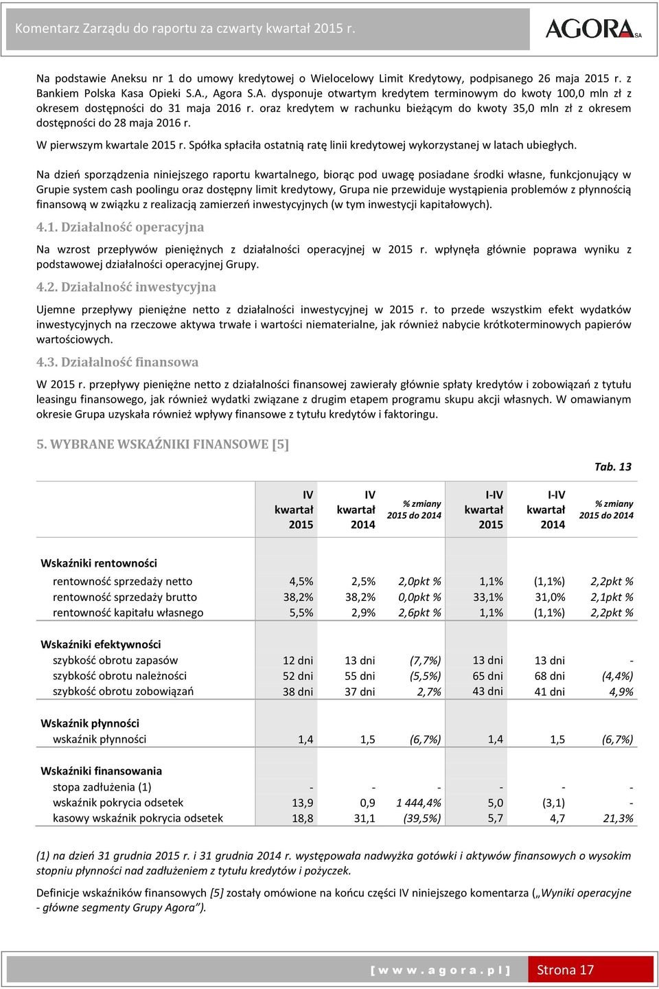 Na dzień sporządzenia niniejszego raportu kwartalnego, biorąc pod uwagę posiadane środki własne, funkcjonujący w Grupie system cash poolingu oraz dostępny limit kredytowy, Grupa nie przewiduje