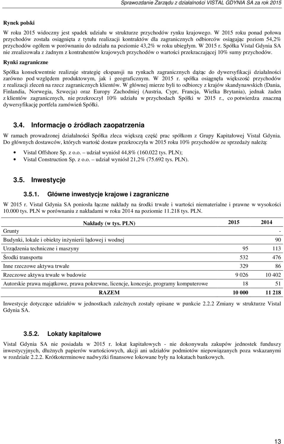 roku ubiegłym. W 2015 r. Spółka Vistal Gdynia SA nie zrealizowała z żadnym z kontrahentów krajowych przychodów o wartości przekraczającej 10% sumy przychodów.