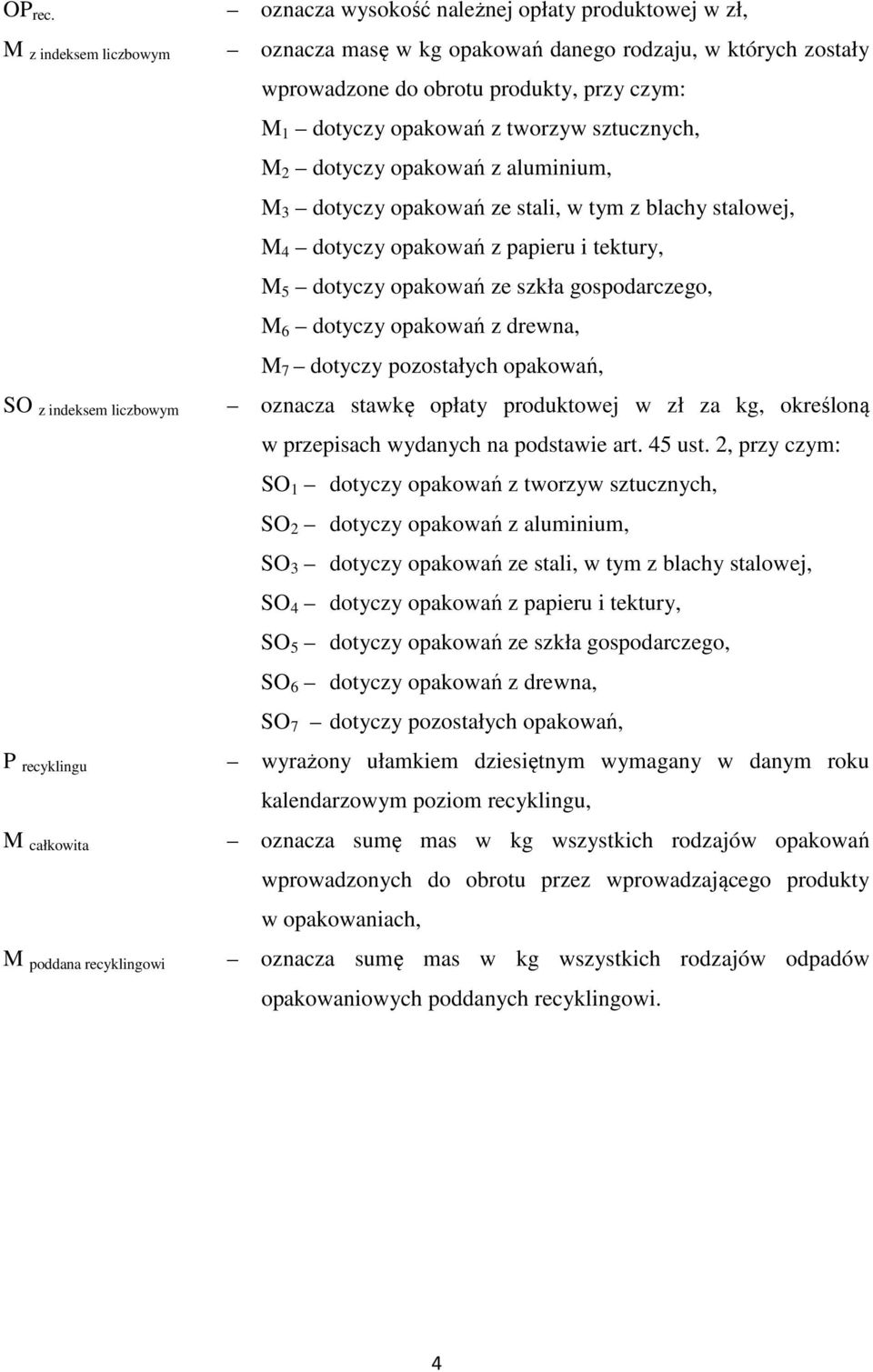 z tworzyw sztucznych, M 2 dotyczy opakowań z aluminium, M 3 dotyczy opakowań ze stali, w tym z blachy stalowej, M 4 dotyczy opakowań z papieru i tektury, M 5 dotyczy opakowań ze szkła gospodarczego,