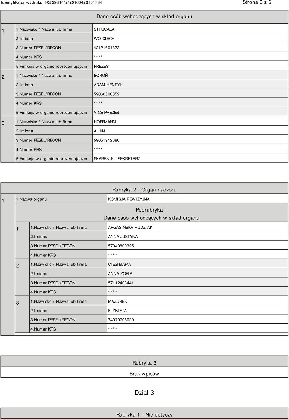 Numer PESEL/REGON 59051912086 5.Funkcja w organie reprezentującym SKARBNIK - SEKRETARZ Rubryka 2 - Organ nadzoru 1 1.