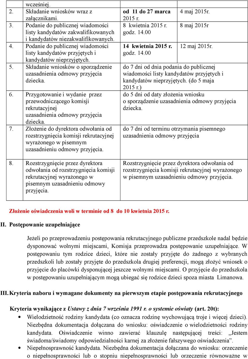 Złożenie do dyrektora odwołania od rozstrzygnięcia komisji rekrutacyjnej wyrażonego w pisemnym uzasadnieniu odmowy przyjęcia. 8.