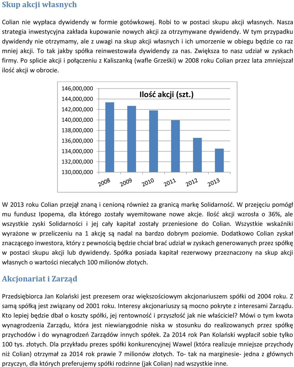 Zwiększa to nasz udział w zyskach firmy. Po splicie akcji i połączeniu z Kaliszanką (wafle Grześki) w 2008 roku Colian przez lata zmniejszał ilośd akcji w obrocie.
