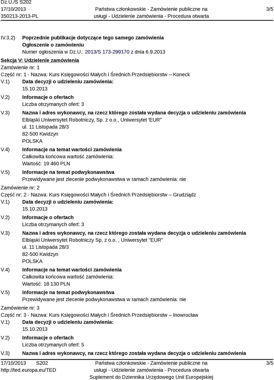 2013 Sekcja V: Udzielenie zamówienia Zamówienie nr: 1 Część nr: 1 - Nazwa: Kurs Księgowości Małych i Średnich Przedsiębiorstw Koneck Elbląski Uniwersytet Robotniczy, Sp.